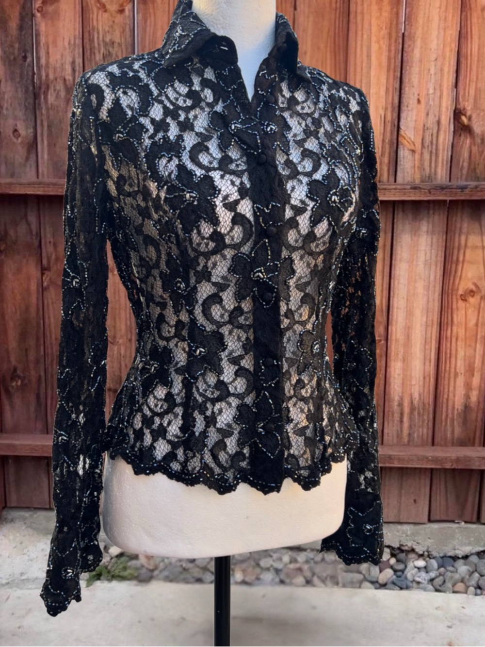 Vintage Sheer Black Lace Beaded
Blouse Fits S-M